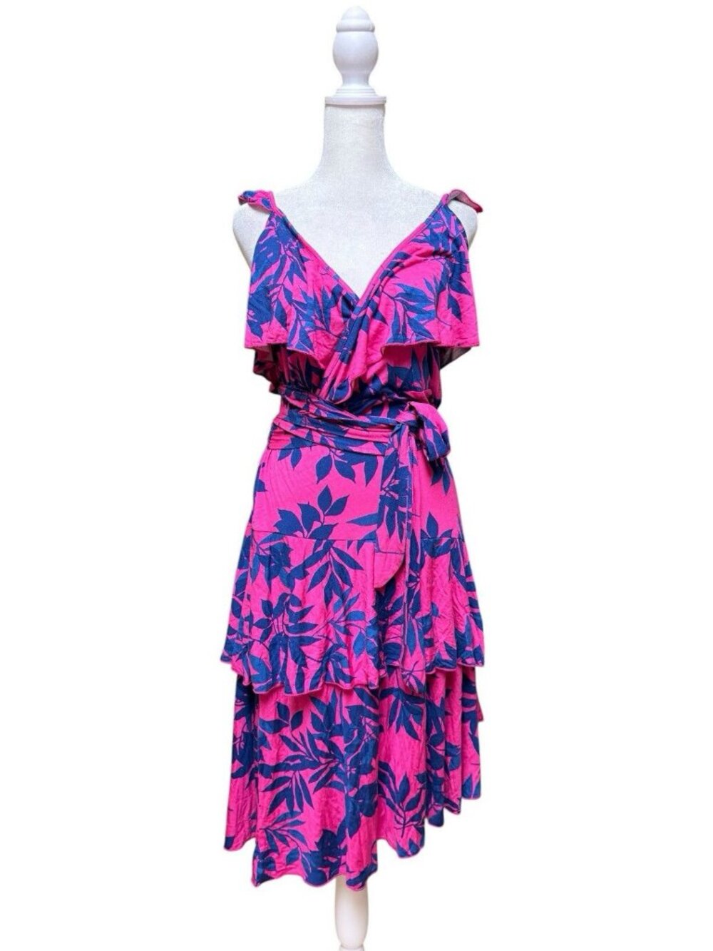 Sofia Jeans Wrap Dress Large Pink Blue Floral Ruffle Tie Waist